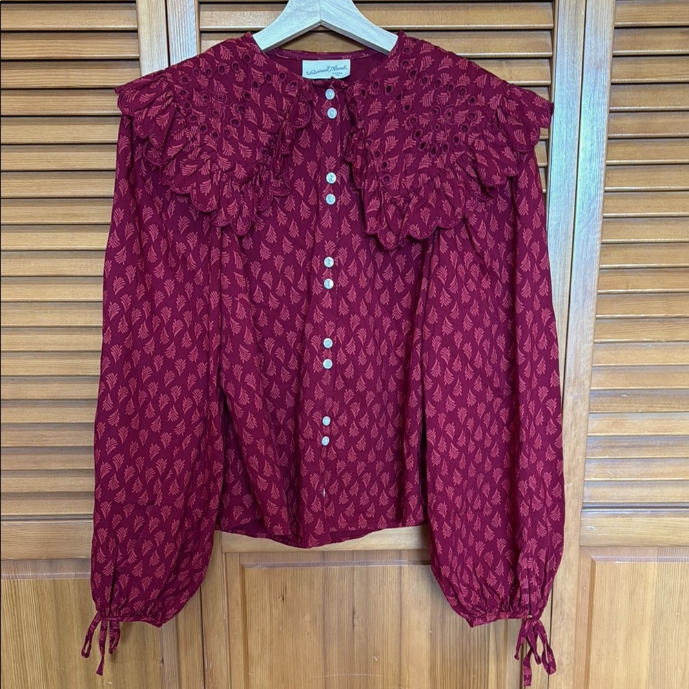 Burgundy Ruffle Collar Balloon Sleeve Blouse